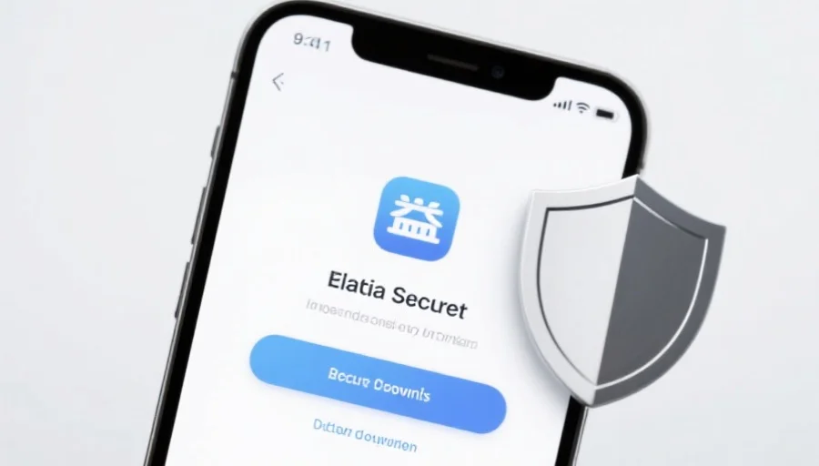 一部现代智能手机屏幕上显示双赢应用的安全下载界面，旁边有安全盾牌图标，背景简洁